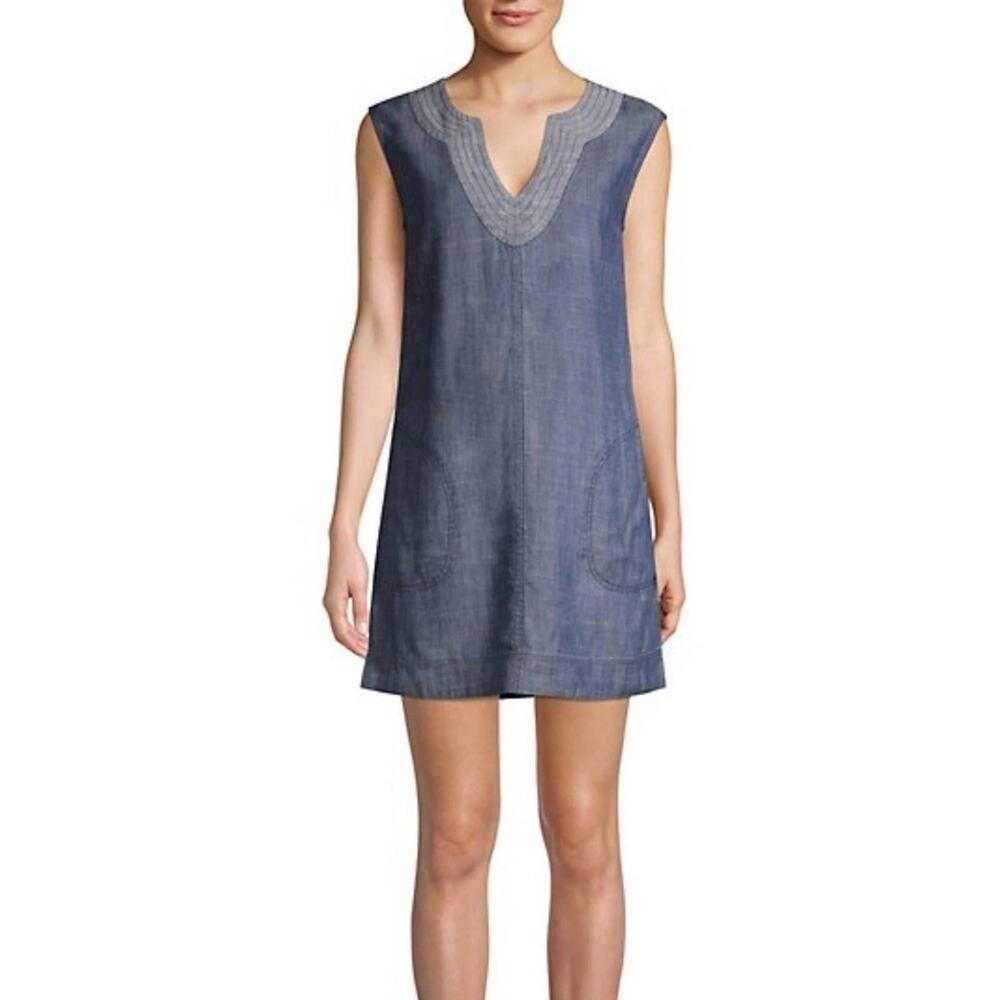 Trina Turk 4 Tencel Chambray Linen Shelby Shift Mini Dress Pockets V Neck EUC